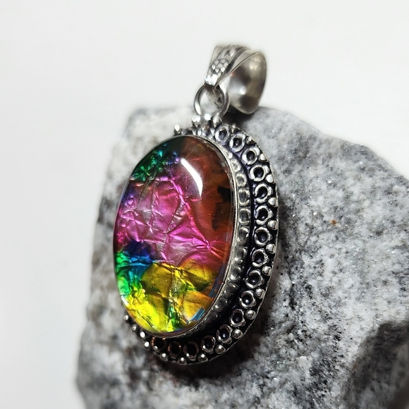 Rainbow Dichroic Glass Pendant Sterling Silver Overlay Hand Crafted Necklace - Picture 4 of 8